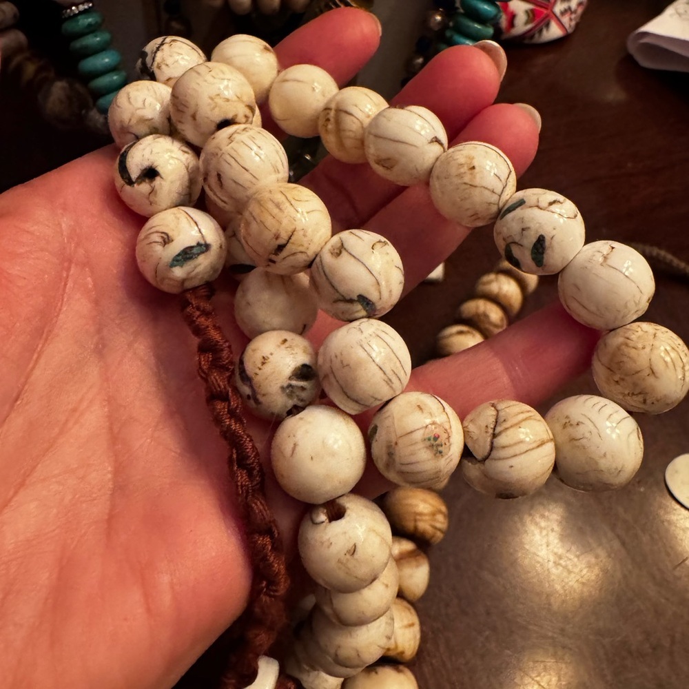 Antique White Conch with Turquoise and Coral inlay Beaded Necklace